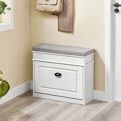 SoBuy Banc d'Entrée avec Rangement Abattant, Coussin et Bois Vieilli Blanc 61x24x51cm