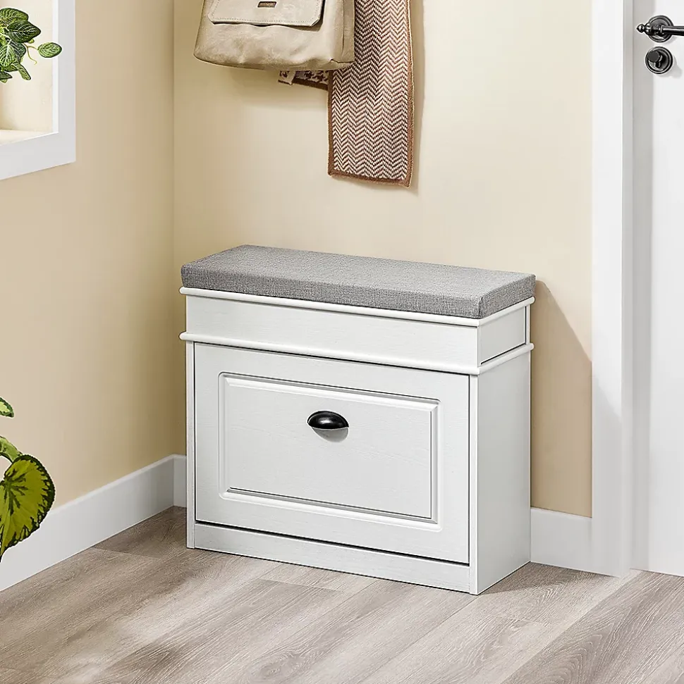 SoBuy Banc d'Entrée avec Rangement Abattant, Coussin et Bois Vieilli Blanc 61x24x51cm