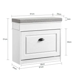 SoBuy Banc d'Entrée avec Rangement Abattant, Coussin et Bois Vieilli Blanc 61x24x51cm
