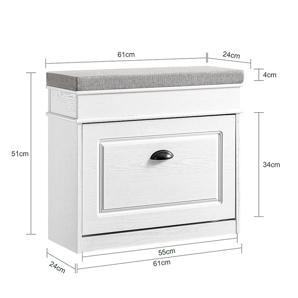 SoBuy Banc d'Entrée avec Rangement Abattant, Coussin et Bois Vieilli Blanc 61x24x51cm