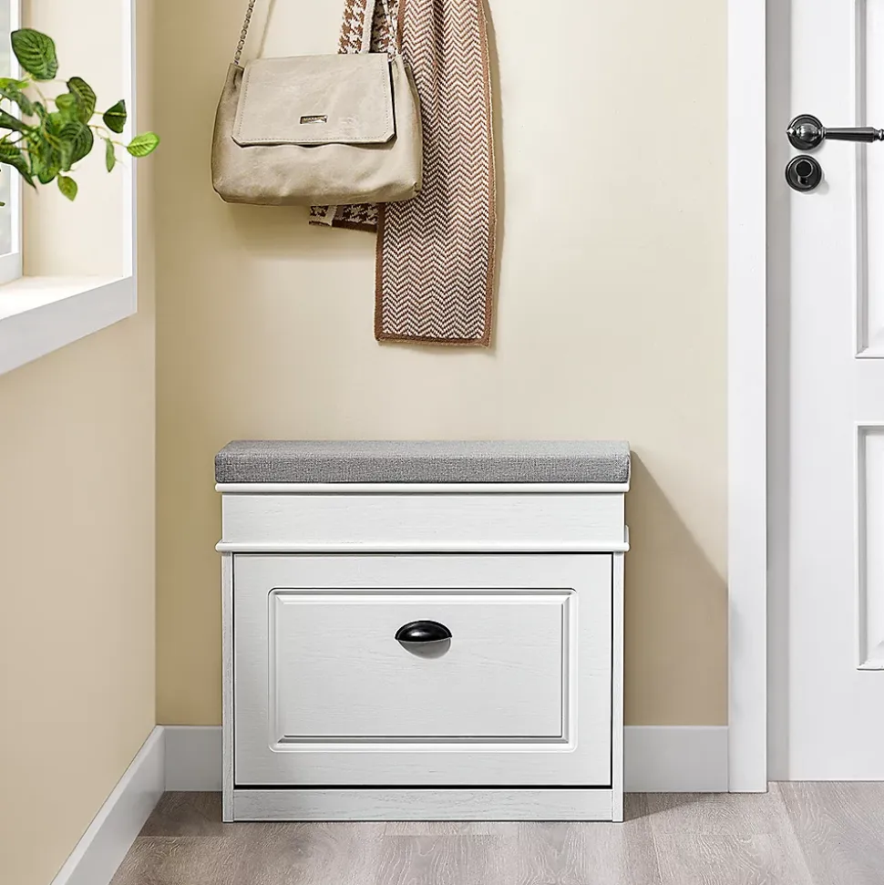 SoBuy Banc d'Entrée avec Rangement Abattant, Coussin et Bois Vieilli Blanc 61x24x51cm