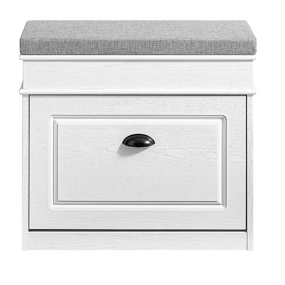 SoBuy Banc d'Entrée avec Rangement Abattant, Coussin et Bois Vieilli Blanc 61x24x51cm