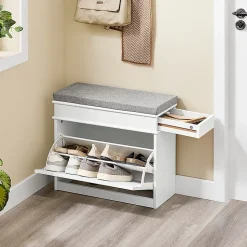 SoBuy Banc d'Entrée avec Rangement Abattant, Coussin et Bois Vieilli Blanc 61x24x51cm