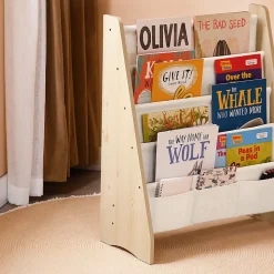 SoBuy Bibliothèque Enfant avec 4 Compartiments et 3 Poches en Tissu Naturel 63x28x76 cm KMB50-N