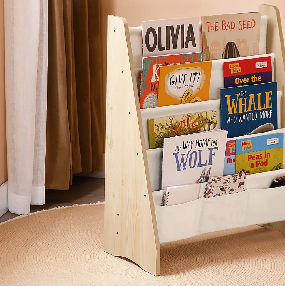 SoBuy Bibliothèque Enfant avec 4 Compartiments et 3 Poches en Tissu Naturel 63x28x76 cm KMB50-N