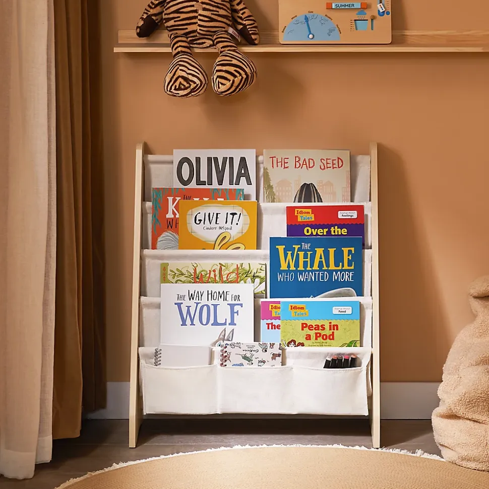 SoBuy Bibliothèque Enfant avec 4 Compartiments et 3 Poches en Tissu Naturel 63x28x76 cm KMB50-N