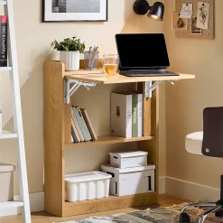 SoBuy Bureau Gaming Pliable avec Rangement, Table Multifonctionnelle Rabattable en Bois Naturel