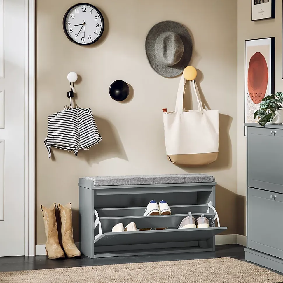 SoBuy FSR98-L-HG Banc à chaussures avec assise rembourrée et abattant, meuble d'entrée pratique, couleur gris
