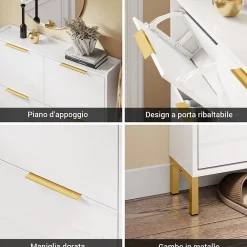 SoBuy Meuble à Chaussures Blanc 4 Portes Pliable avec Poignées Dorées