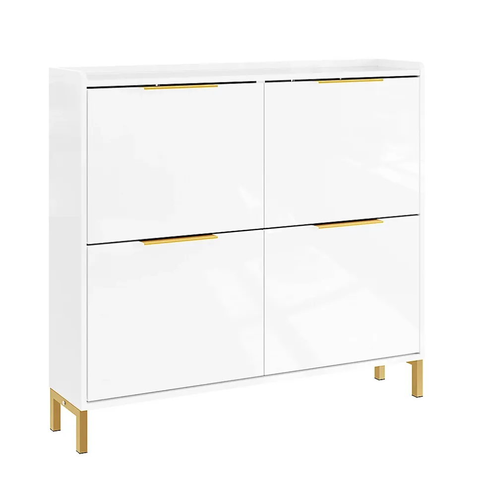 SoBuy Meuble à Chaussures Blanc 4 Portes Pliable avec Poignées Dorées