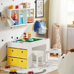SoBuy Table Enfant avec 2 Chaises, Bacs de Rangement, Table de Construction Double Face, Blanche