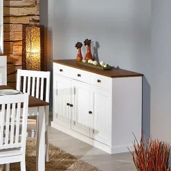 SOCOA - Buffet 3 Portes 3 Tiroirs Bois Massif Vernis Sepia et Blanc