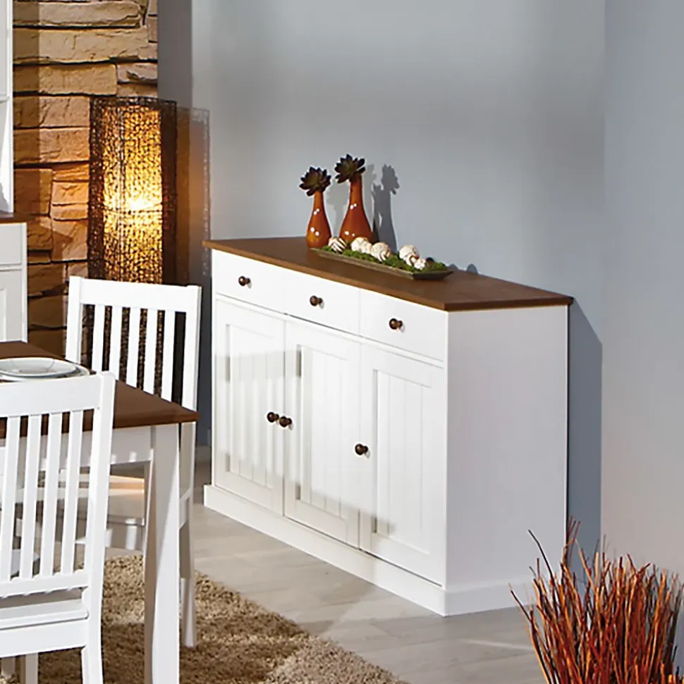 SOCOA - Buffet 3 Portes 3 Tiroirs Bois Massif Vernis Sepia et Blanc