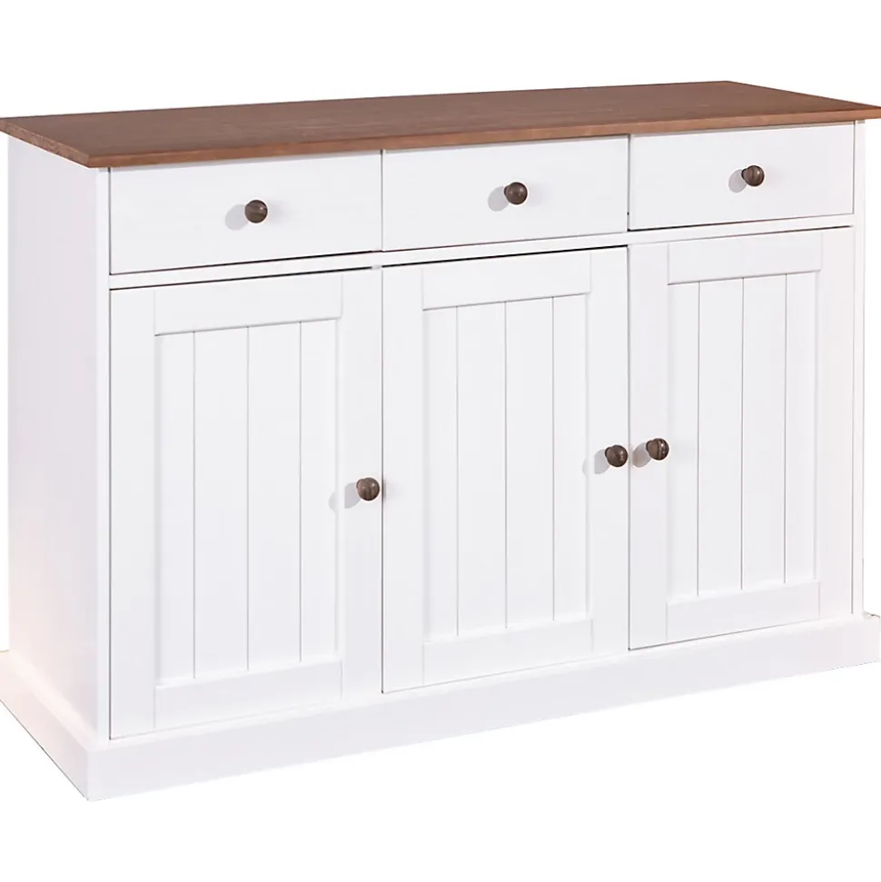SOCOA - Buffet 3 Portes 3 Tiroirs Bois Massif Vernis Sepia et Blanc