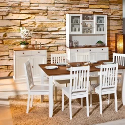 SOCOA - Buffet Vaisselier 5 Portes 3 Tiroirs Bois Massif Vernis Sepia et Blanc