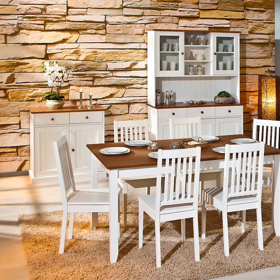 SOCOA - Buffet Vaisselier 5 Portes 3 Tiroirs Bois Massif Vernis Sepia et Blanc