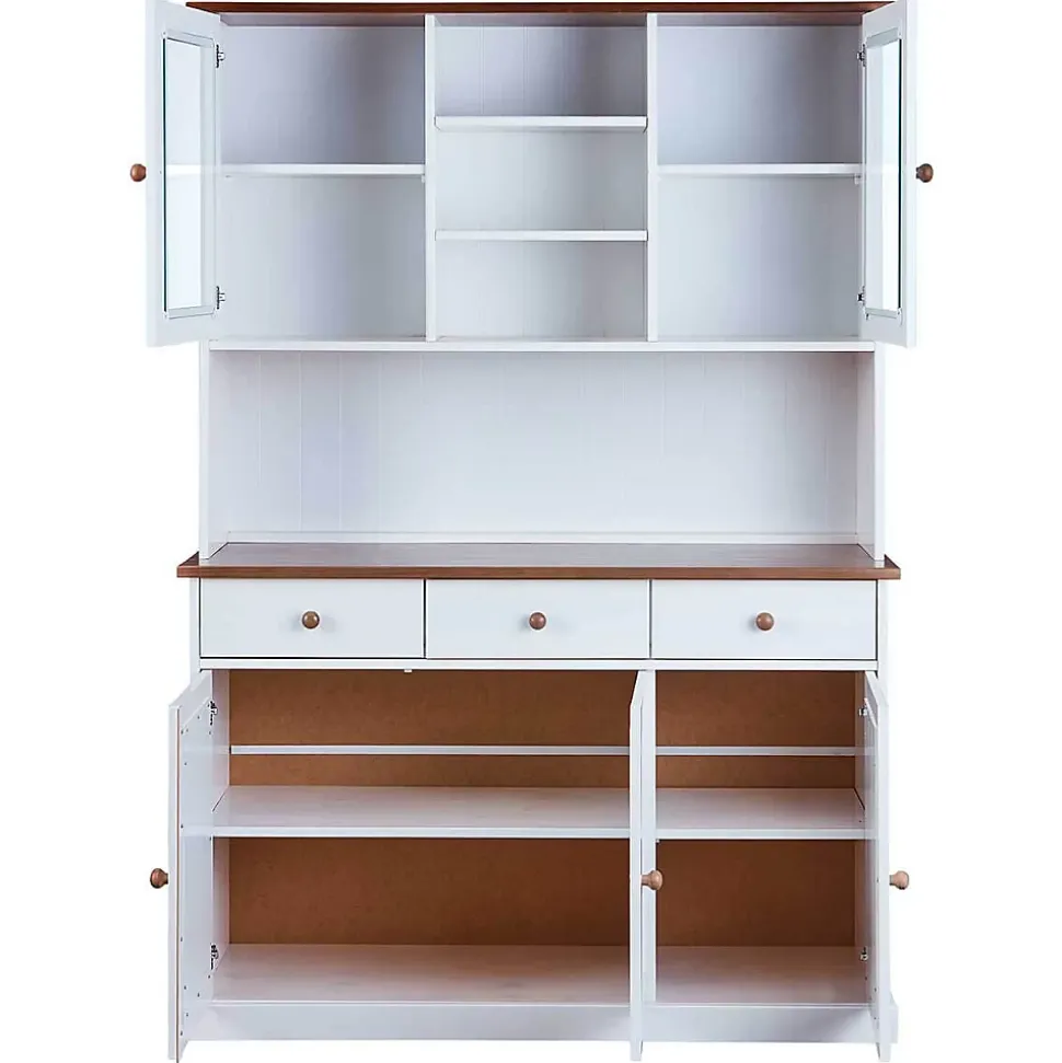 SOCOA - Buffet Vaisselier 5 Portes 3 Tiroirs Bois Massif Vernis Sepia et Blanc