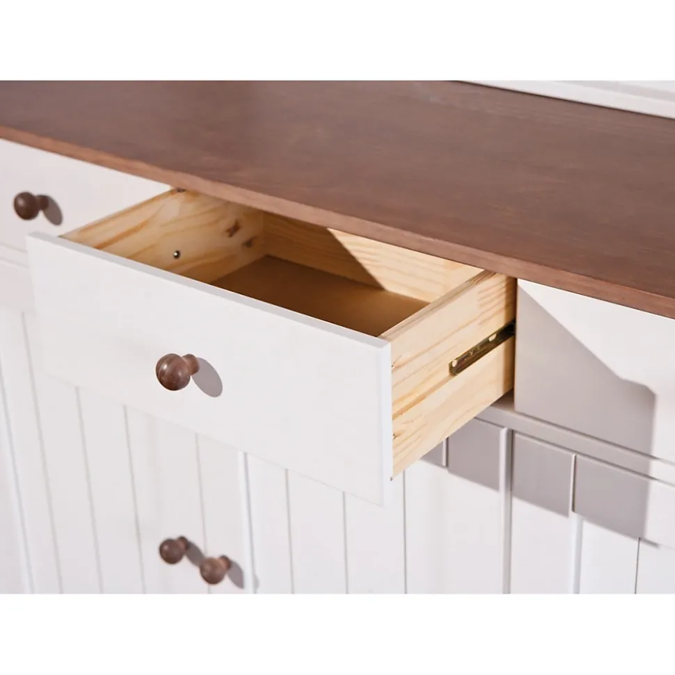 SOCOA - Buffet Vaisselier 5 Portes 3 Tiroirs Bois Massif Vernis Sepia et Blanc