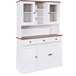 SOCOA - Buffet Vaisselier 5 Portes 3 Tiroirs Bois Massif Vernis Sepia et Blanc