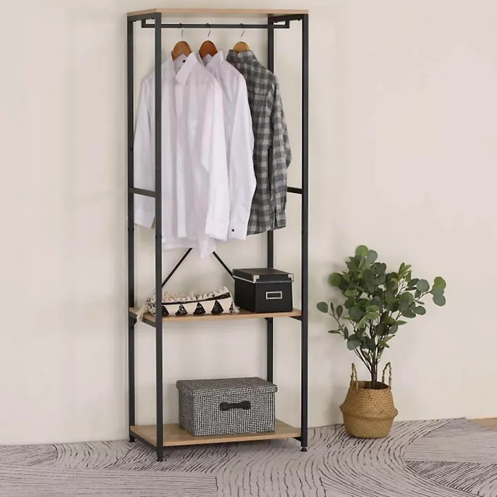 STAVI - Portant avec Etagères Métal Noir Plateaux Effet Bois