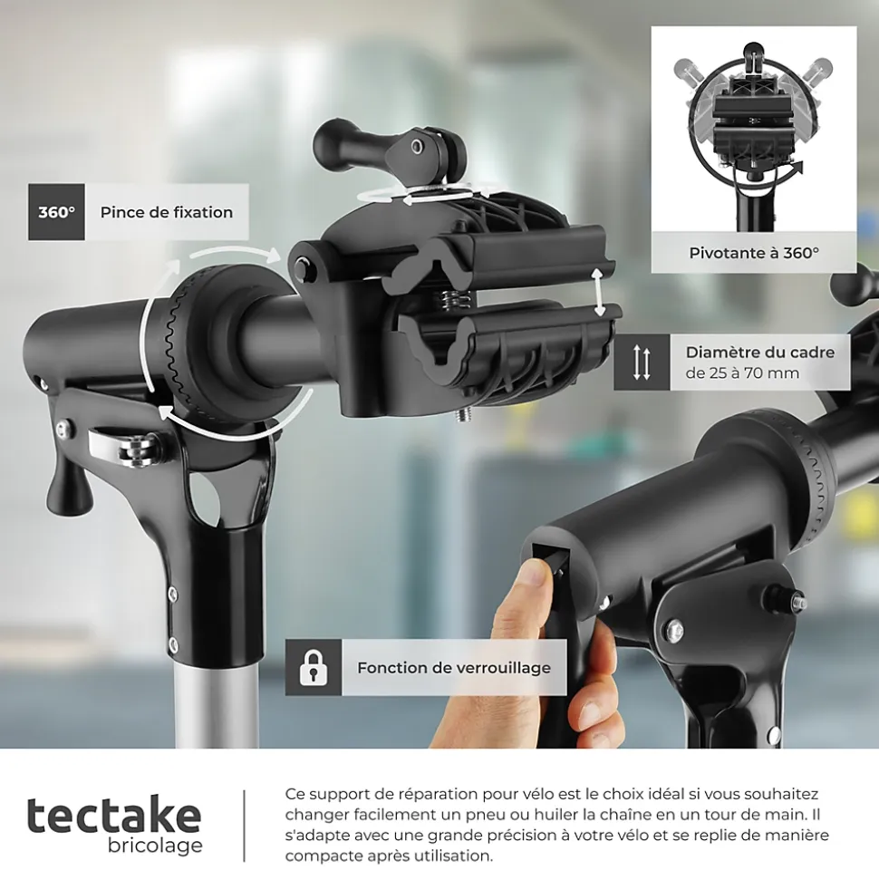 Support de réparation en acier enduit de poudre pour vélo pliable jusqu'à 50 kg hauteur réglable TECTAKE