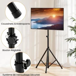 Support de Sol Trépied pour TV Ecran, Support TV Pliable avec Fixation du Moniteur et Tige de Levage, 5 Hauteur Réglable, Noir