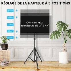 Support de Sol Trépied pour TV Ecran, Support TV Pliable avec Fixation du Moniteur et Tige de Levage, 5 Hauteur Réglable, Noir