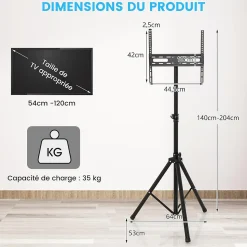 Support de Sol Trépied pour TV Ecran, Support TV Pliable avec Fixation du Moniteur et Tige de Levage, 5 Hauteur Réglable, Noir