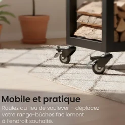 Support en métal avec roulettes, étagère robuste, stockage bois de chauffage salon Noir/25x100x150cm