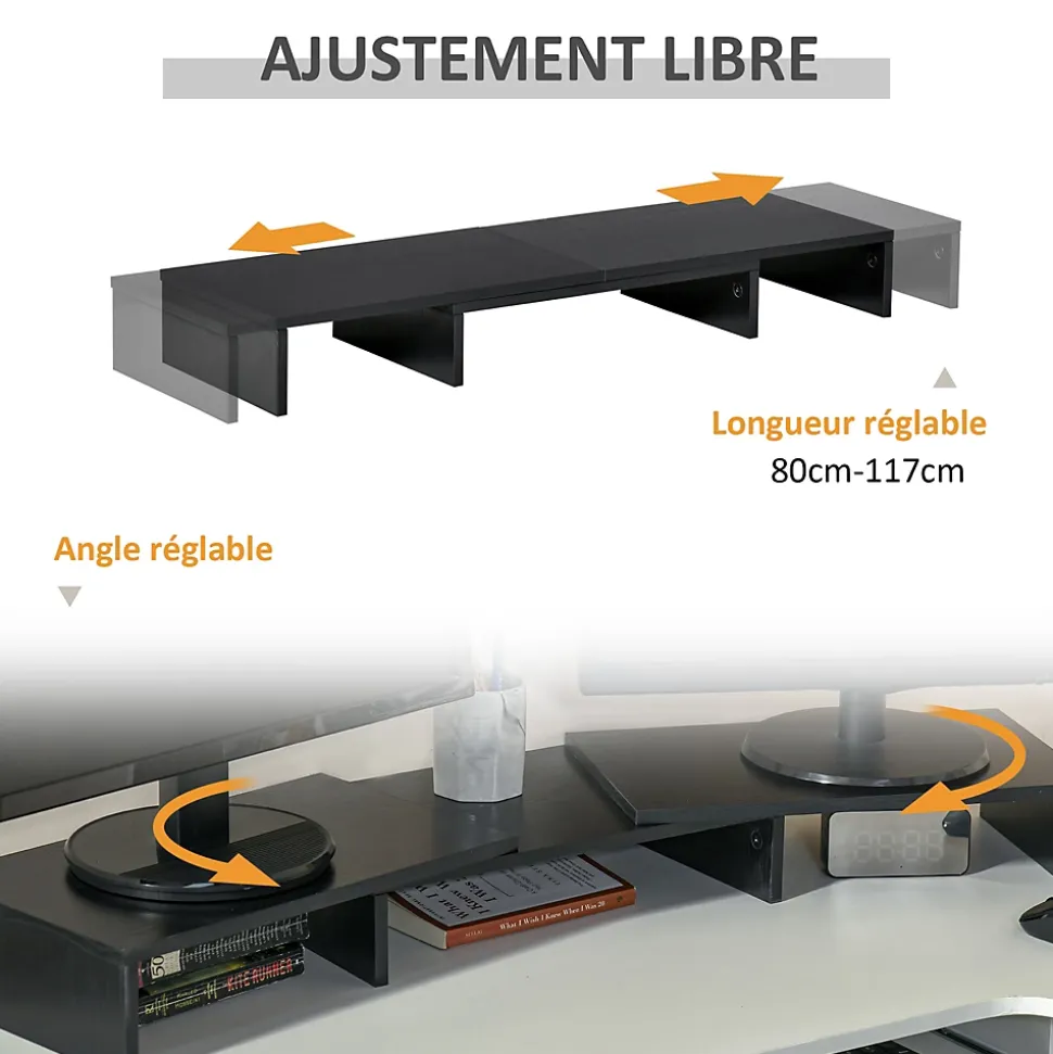 Support moniteur réhausseur d'écran extensible réglable orientable effet bois noir