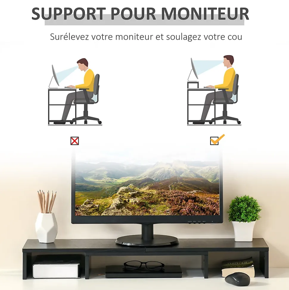 Support moniteur réhausseur d'écran extensible réglable orientable effet bois noir