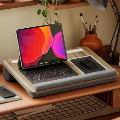 Support ordinateur laptop - plateau lit - table de lit avec coussinets et rangements - aspect chêne clair