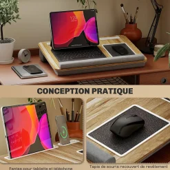 Support ordinateur laptop - plateau lit - table de lit avec coussinets et rangements - aspect chêne clair