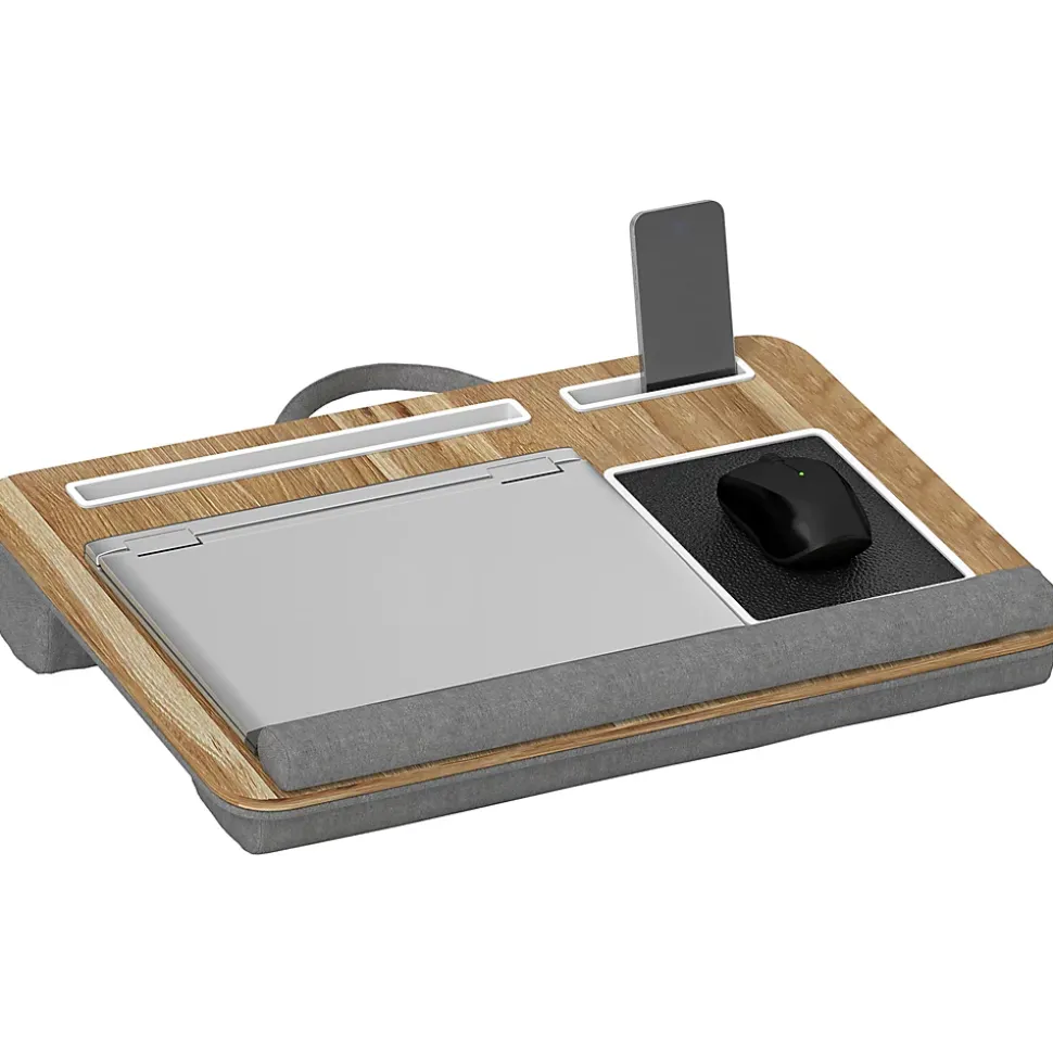 Support ordinateur laptop - plateau lit - table de lit avec coussinets et rangements - aspect chêne clair