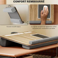 Support ordinateur laptop - plateau lit - table de lit avec coussinets et rangements - aspect chêne clair