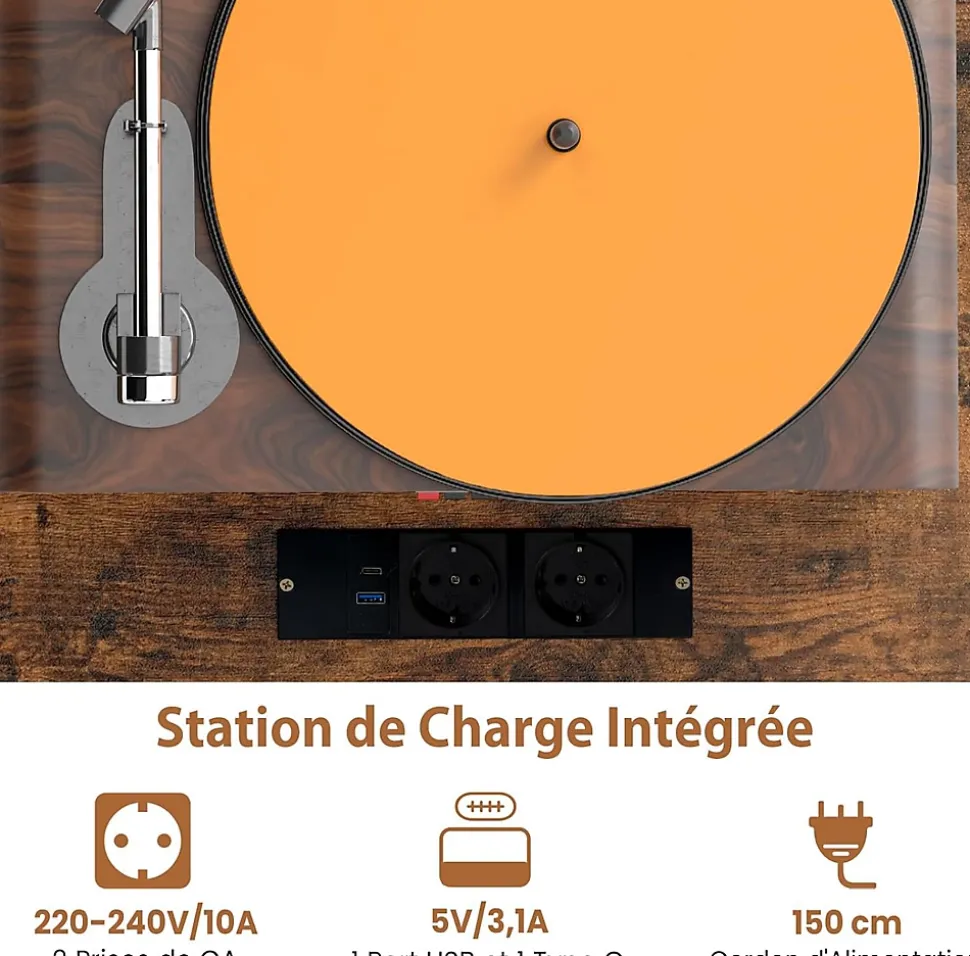 Support pour Tourne-disques avec Rallonge Électrique,Tiroir,3 Diviseurs,Kit Anti-basculement et Pieds Métalliques,80x40x79CM