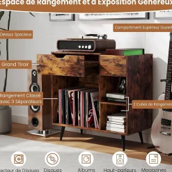 Support pour Tourne-disques avec Rallonge Électrique,Tiroir,3 Diviseurs,Kit Anti-basculement et Pieds Métalliques,80x40x79CM