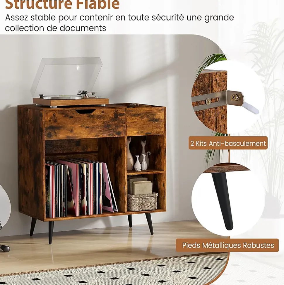 Support pour Tourne-disques avec Rallonge Électrique,Tiroir,3 Diviseurs,Kit Anti-basculement et Pieds Métalliques,80x40x79CM