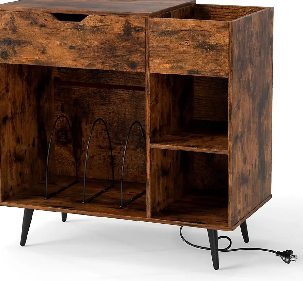 Support pour Tourne-disques avec Rallonge Électrique,Tiroir,3 Diviseurs,Kit Anti-basculement et Pieds Métalliques,80x40x79CM