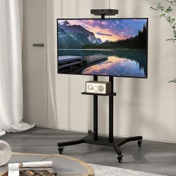 Support TV à roulettes, Hauteur Réglable pour Écrans Plats Incurvés 81 à 178cm, Chariot TV Base en H et roulettes Verrouillable