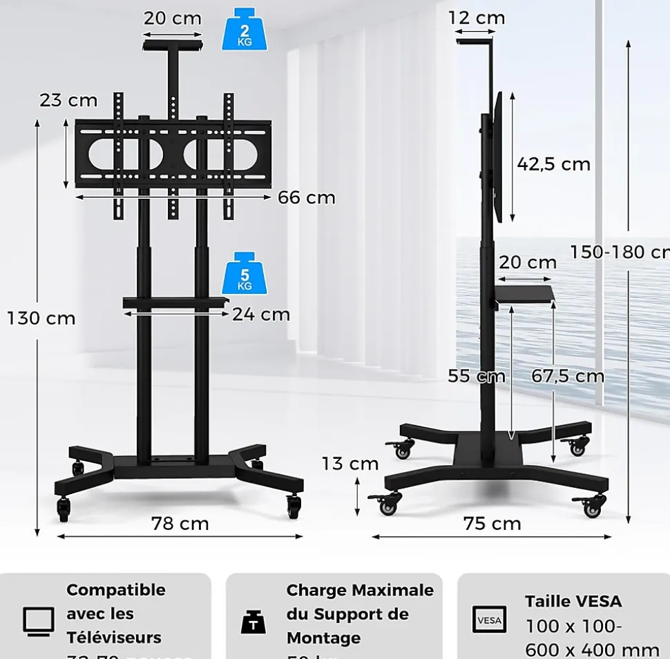 Support TV à roulettes, Hauteur Réglable pour Écrans Plats Incurvés 81 à 178cm, Chariot TV Base en H et roulettes Verrouillable