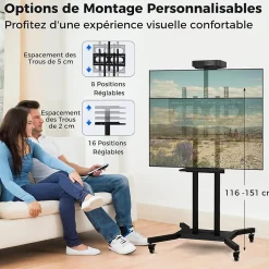 Support TV à roulettes, Hauteur Réglable pour Écrans Plats Incurvés 81 à 178cm, Chariot TV Base en H et roulettes Verrouillable