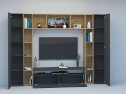Système mural Gilberto, meuble TV 3 portes, Meuble de salon polyvalent, 100% Made in Italy, 270x35h210 cm, Anthracite et Chêne