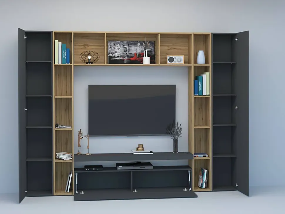 Système mural Gilberto, meuble TV 3 portes, Meuble de salon polyvalent, 100% Made in Italy, 270x35h210 cm, Anthracite et Chêne