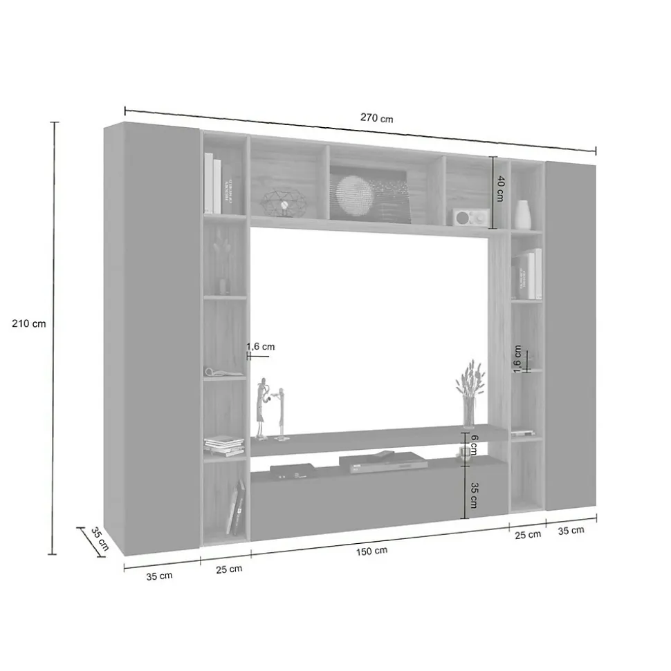 Système mural Gilberto, meuble TV 3 portes, Meuble de salon polyvalent, 100% Made in Italy, 270x35h210 cm, Anthracite et Chêne