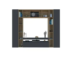 Système mural Gilberto, meuble TV 3 portes, Meuble de salon polyvalent, 100% Made in Italy, 270x35h210 cm, Anthracite et Chêne