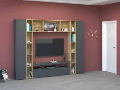 Système mural Gilberto, meuble TV 3 portes, Meuble de salon polyvalent, 100% Made in Italy, 270x35h210 cm, Anthracite et Chêne