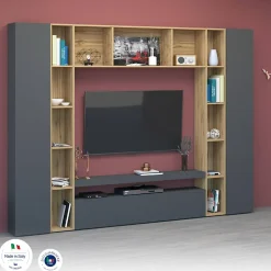 Système mural Gilberto, meuble TV 3 portes, Meuble de salon polyvalent, 100% Made in Italy, 270x35h210 cm, Anthracite et Chêne