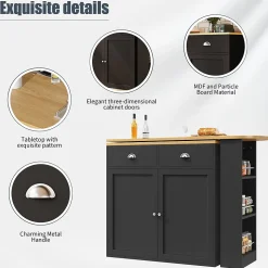 Table à Manger - Buffet Pivotant avec 2 Portes et 2 Tiroirs, Meuble de Rangement MDF 138-203x39x105 cm, Noir + Naturel