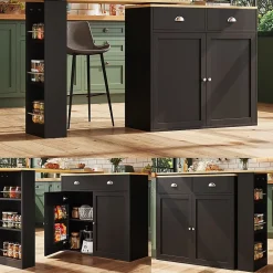 Table à Manger - Buffet Pivotant avec 2 Portes et 2 Tiroirs, Meuble de Rangement MDF 138-203x39x105 cm, Noir + Naturel